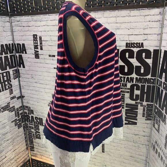 Tommy Hilfiger Plus 1X Blue/Red Striped Lace Hem Sweater Tank Top - Picture 3 of 7